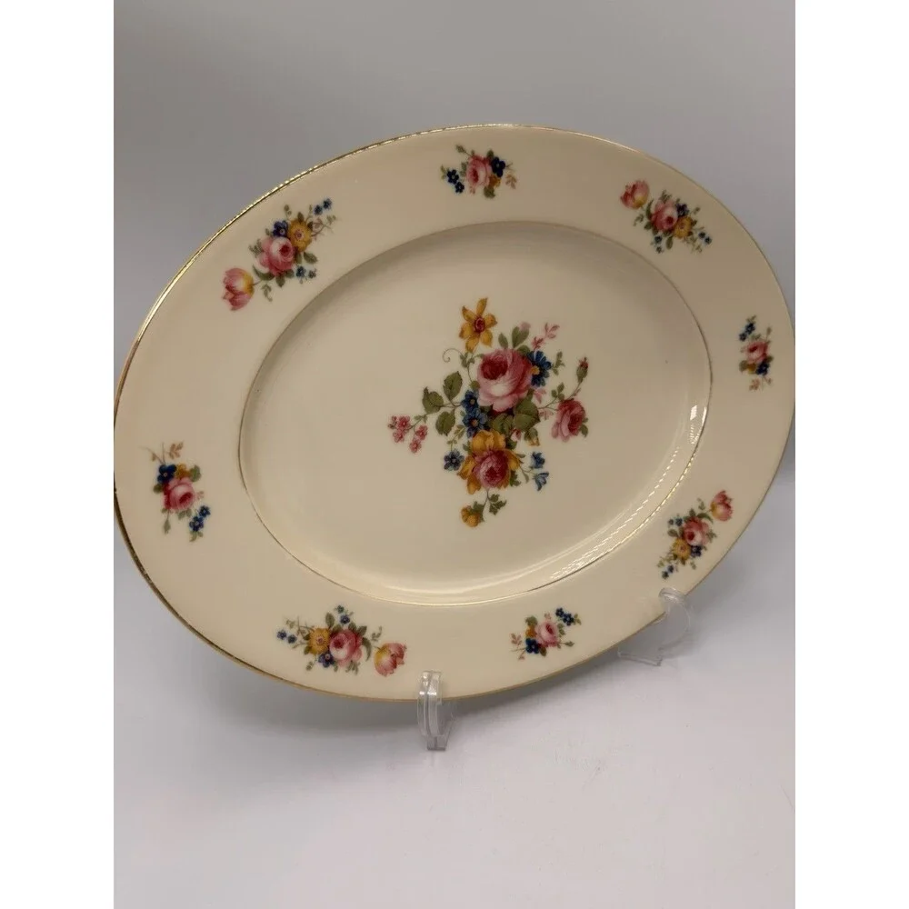 Vintage Czechoslovakia Floral Porcelain Serving Platter Gold Trim Oval 13” Roses